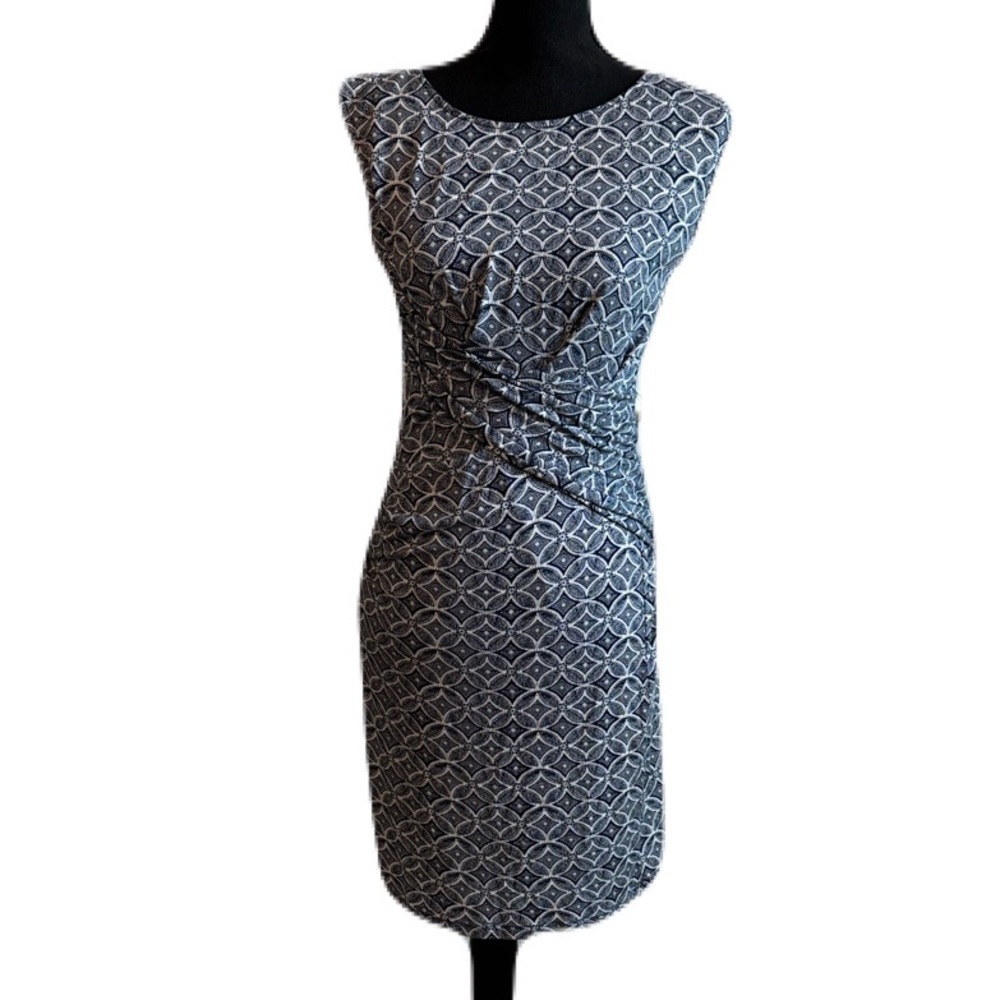 Workwear Business Casual Geometric Faux Wrap Sleeveless Navy and White Dress